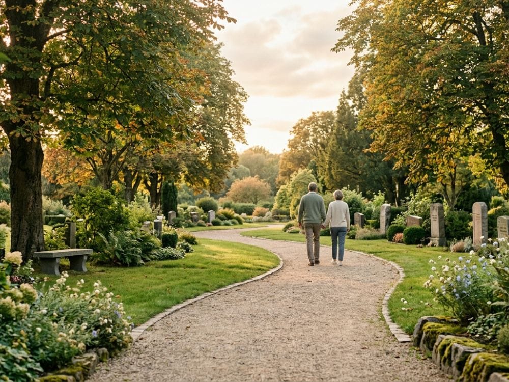Two people walk along a landscaped cemetery path lined with trees, flowers, and memorial markers. The image reflects one of the key differences in cremation vs. burial by illustrating the permanent gravesite and place of remembrance that burial can provide for loved ones.