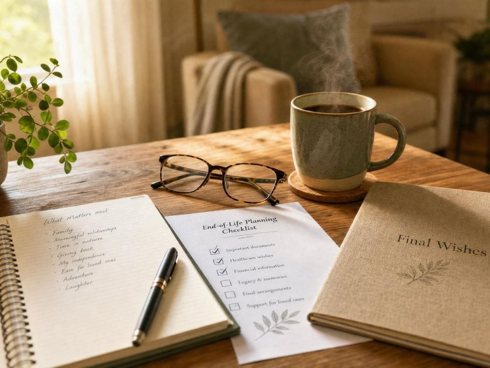 End of life planning documents, a checklist, and handwritten notes sit on a table beside a cup of coffee in a quiet home setting. The image reflects the thoughtful preparation families often undertake when comparing cremation vs. burial, considering final wishes, costs, and ways to reduce financial stress for loved ones.
