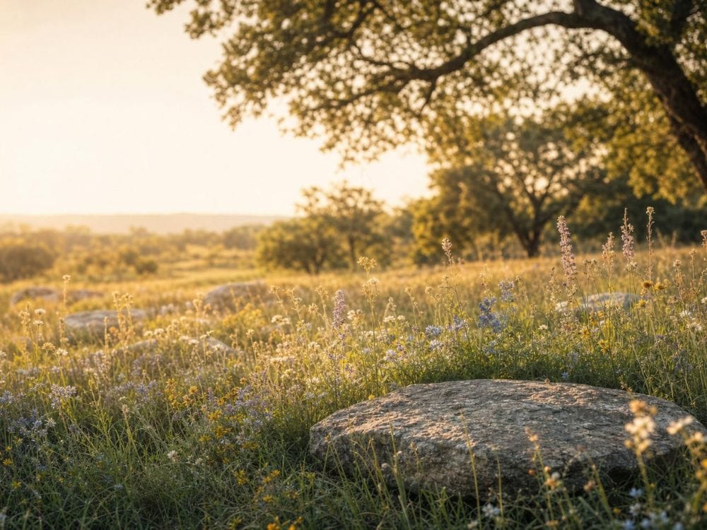 Natural landscape with wildflowers, native grasses, and mature trees illuminated by soft evening light. The image represents the environmental considerations families may explore when comparing cremation vs. burial, including sustainability, land use, green burial options, and eco friendly memorial choices.