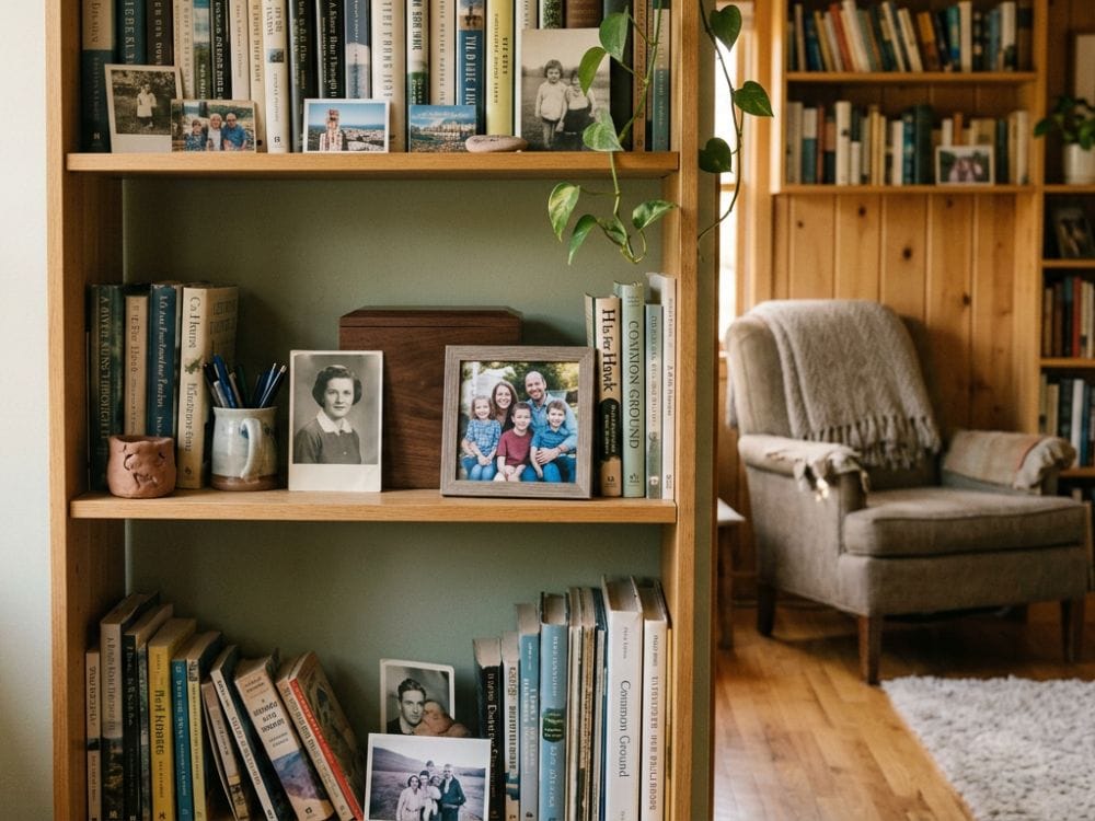 Bookshelves filled with family photographs, keepsakes, and books create a personal memorial space in a comfortable home. The image reflects the importance of legacy, remembrance, and preserving family memories when considering cremation vs. burial and how loved ones will be remembered.