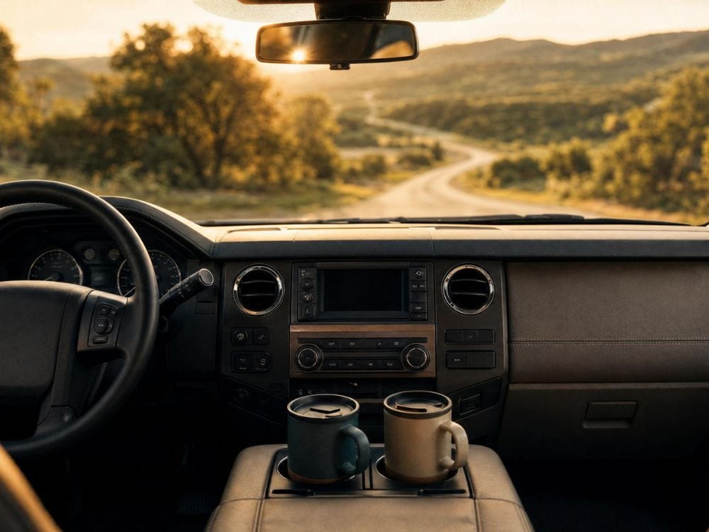 View through a vehicle windshield overlooking a winding country road at sunset with two coffee mugs resting in the center console. The image symbolizes the meaningful conversations families often have about cremation vs. burial, future wishes, and end of life planning during everyday moments together.