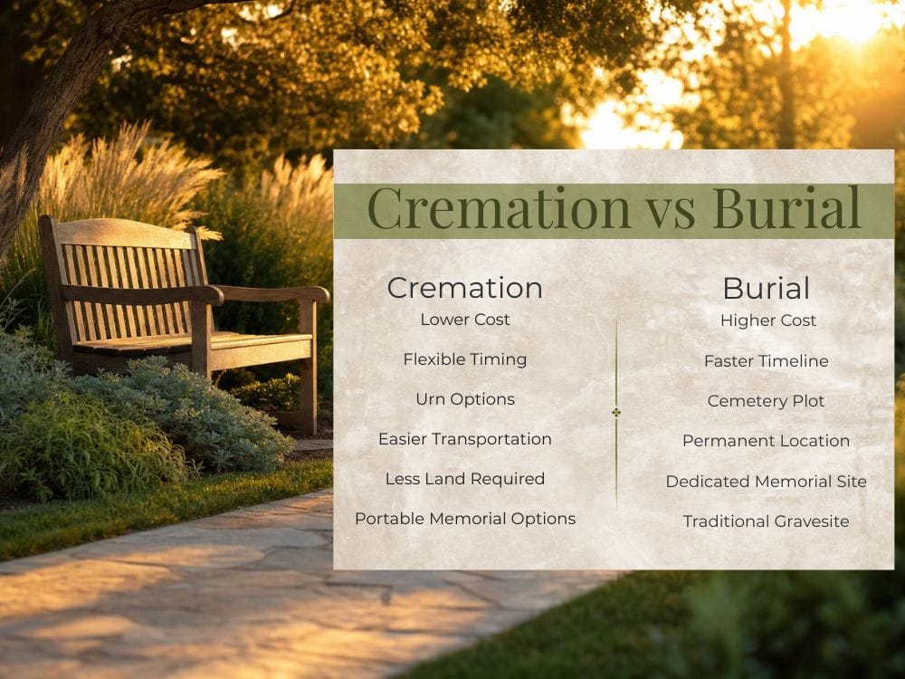 Comparison graphic titled "Cremation vs Burial" outlining key differences between the two options. The chart highlights cremation benefits such as lower cost, flexible timing, and portable memorial options, while burial emphasizes a permanent location, dedicated memorial site, and traditional gravesite.