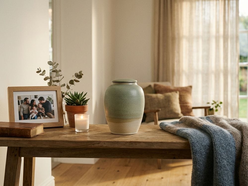 Decorative urn displayed on a wooden table beside a family photograph and candle in a peaceful home setting. The image represents one of the memorial options families may consider when choosing between cremation vs. burial and reflects remembrance, reflection, and honoring a loved one.