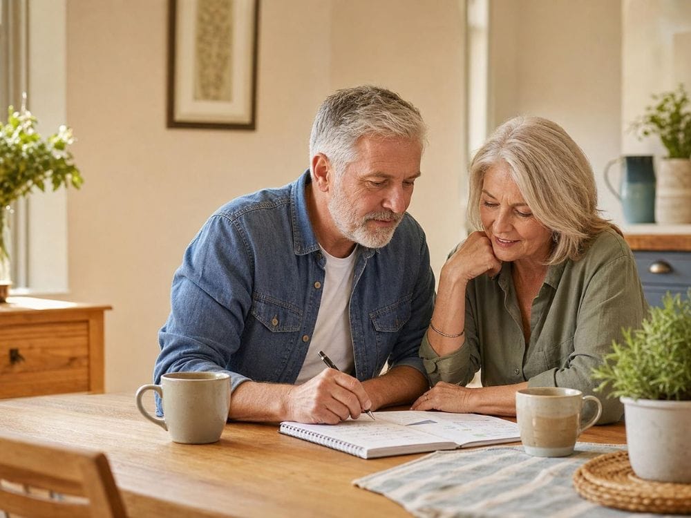A couple sits together at a kitchen table reviewing documents and discussing future plans. The image represents the thoughtful conversations many families have when comparing cremation vs. burial and making decisions about final arrangements, personal wishes, and end of life planning.