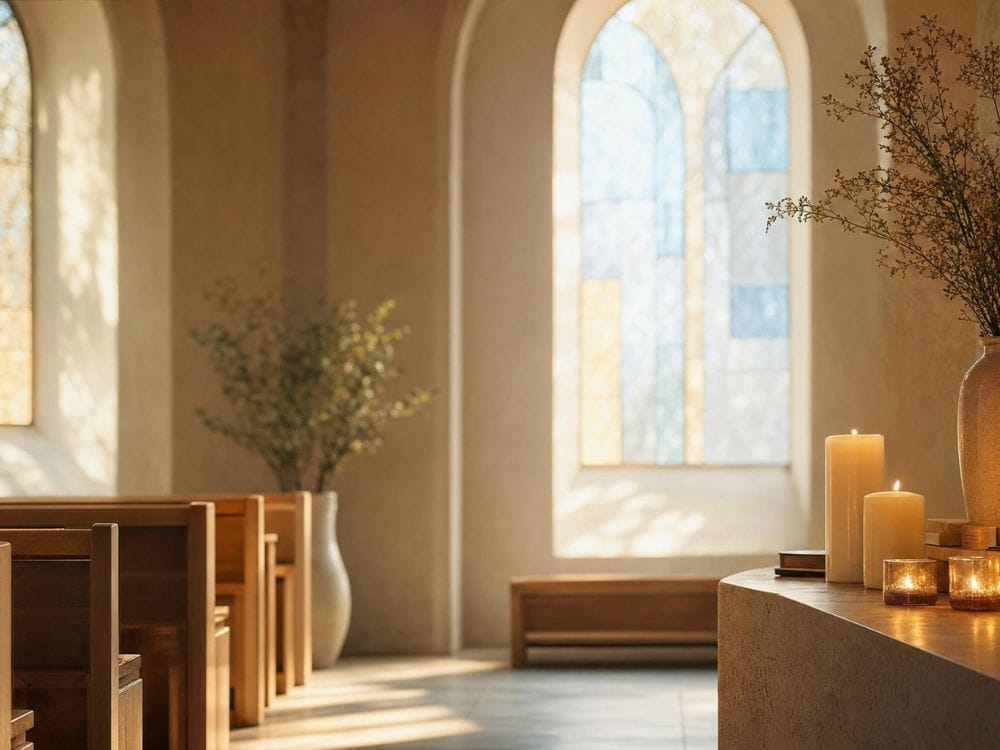 Quiet chapel interior with wooden pews, lit candles, and stained glass windows illuminated by natural light. The image represents the religious and cultural considerations that often influence decisions about cremation vs. burial and the traditions families may wish to honor.