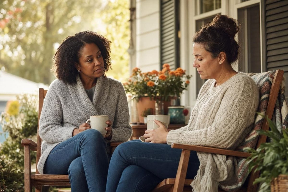 Two people sitting together on a porch with coffee during a supportive conversation about grief and emotional healing.