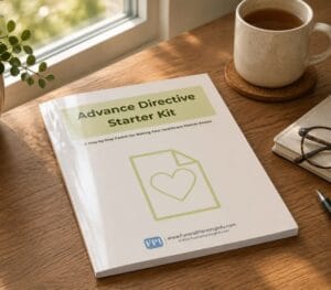 Advance Directive Starter Kit booklet on a desk with coffee and notebook for healthcare planning.