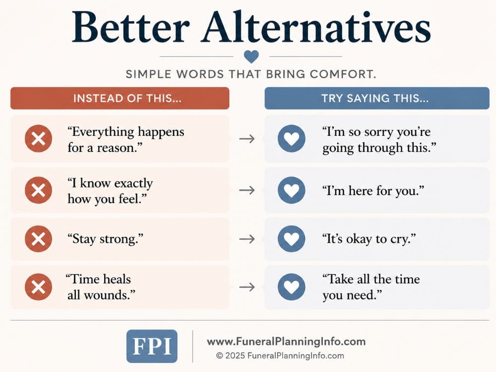 Infographic titled "Better Alternatives. Simple Words That Bring Comfort." It compares common phrases to avoid with more supportive alternatives. Instead of saying "Everything happens for a reason," try "I'm so sorry you're going through this." Instead of "I know exactly how you feel," say "I'm here for you." Instead of "Stay strong," say "It's okay to cry." Instead of "Time heals all wounds," say "Take all the time you need."
