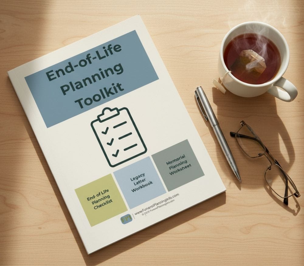End-of-Life Planning Toolkit booklet with checklist, workbook and memorial planner beside tea and a pen.