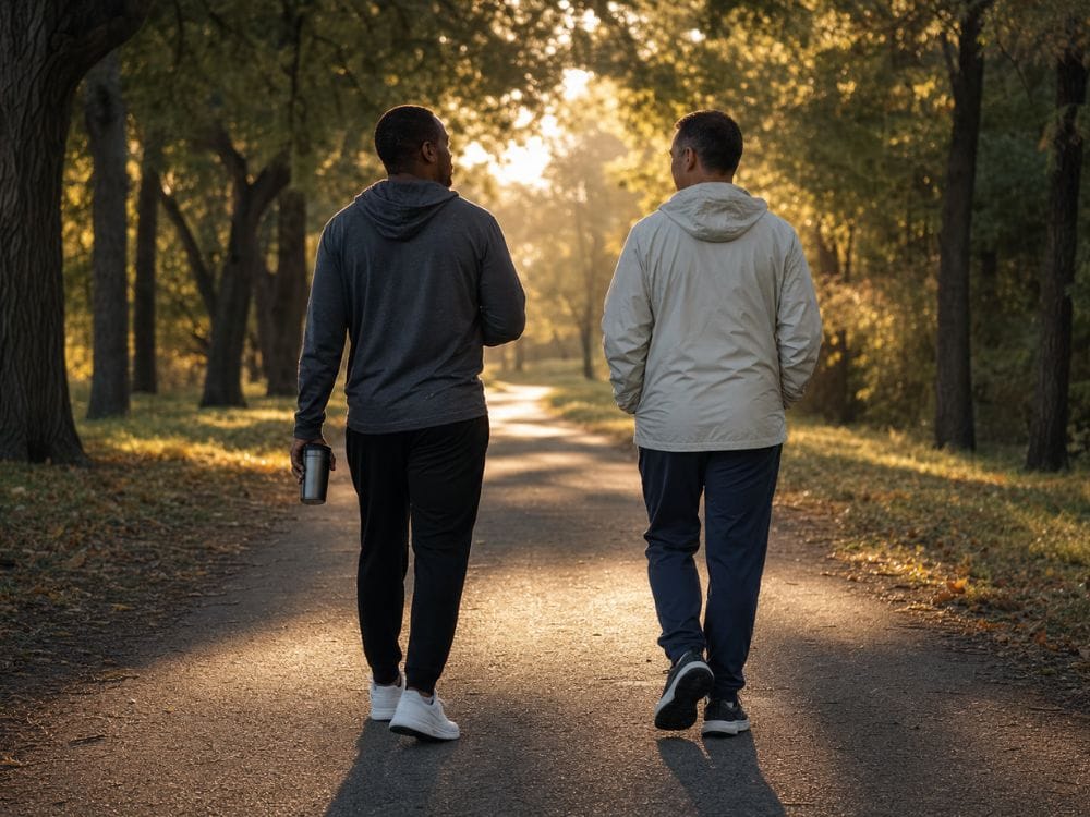 Two people walk together on a peaceful nature trail, symbolizing hope and ongoing support through grief.
