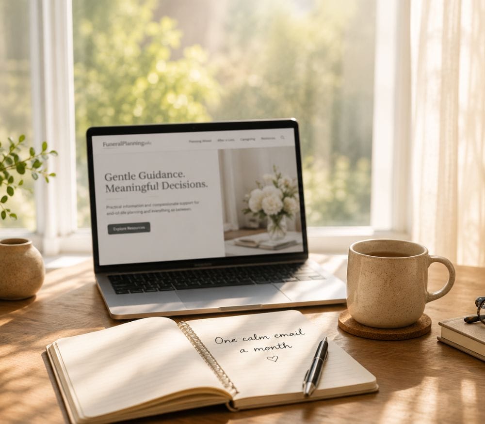 Laptop displaying Funeral Planning Info newsletter signup beside notebook reading "One calm email a month."