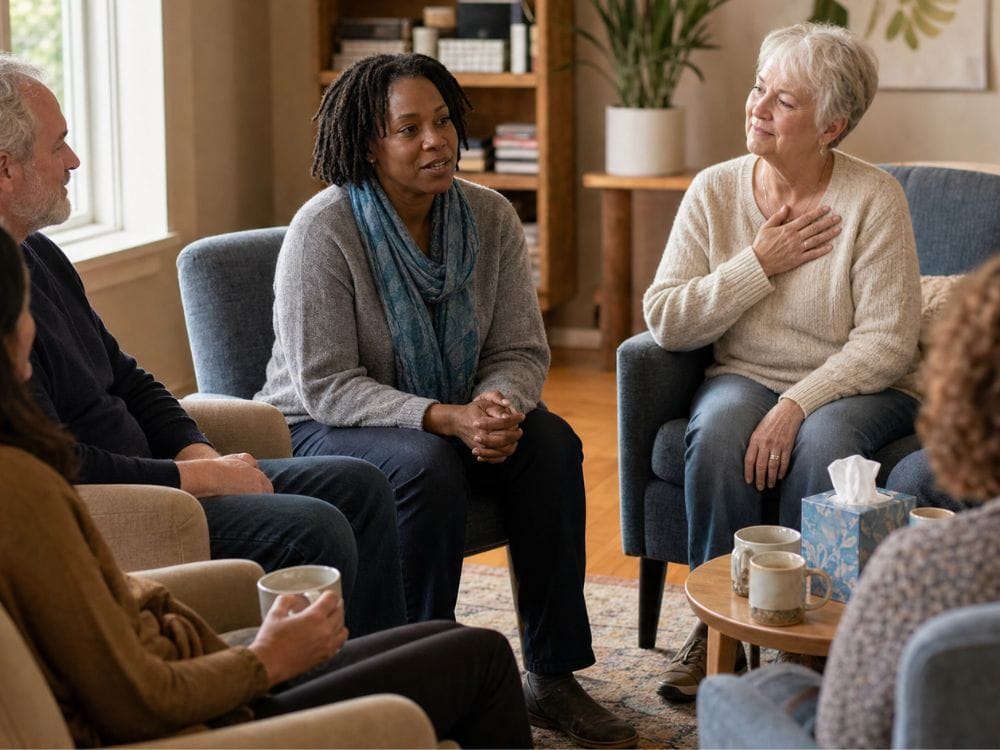  People seated in a grief support group gathered in a circle, listening as one member shares their experience. The welcoming setting reflects how grief support groups can provide understanding, connection, and comfort when family and friends alone cannot meet every emotional need.