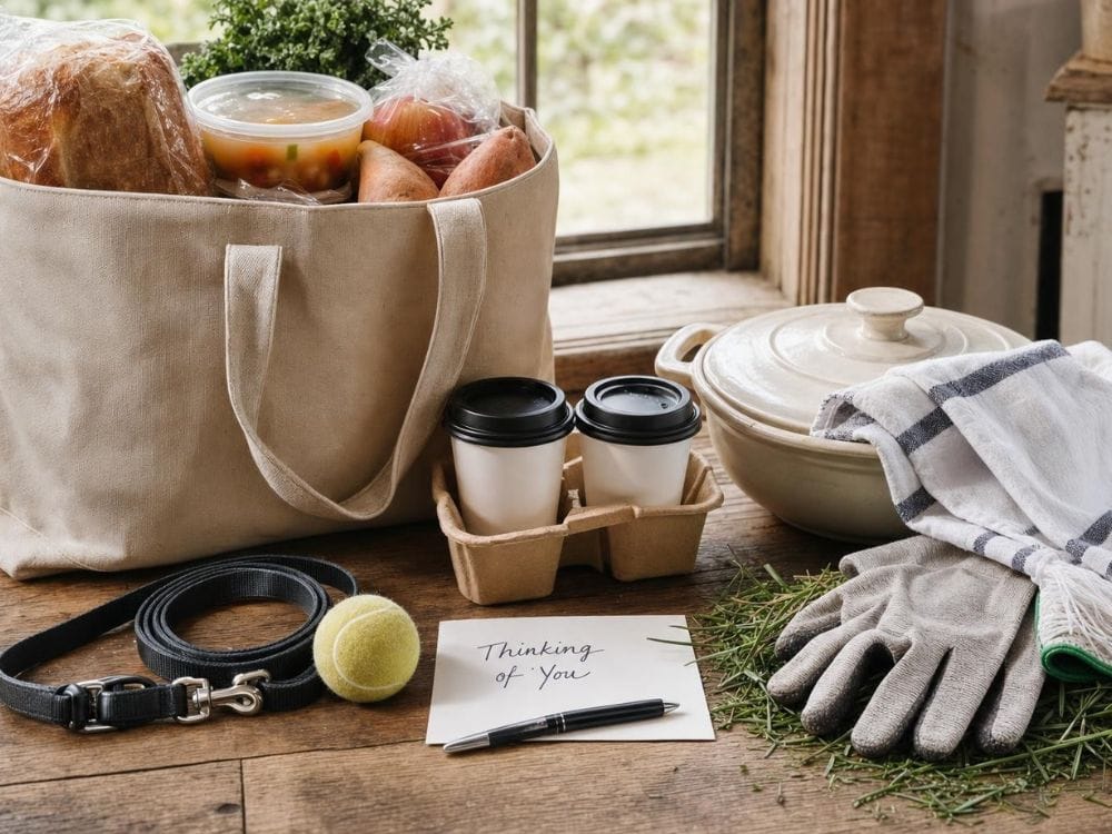  Care package with meals, coffee, dog leash, gloves, and a note showing practical ways to support someone grieving.
