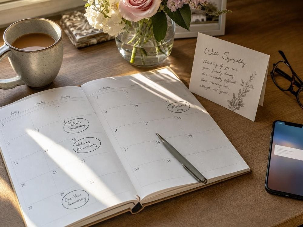 Calendar with important dates, sympathy card, and reminders showing ongoing support for someone who is grieving.
