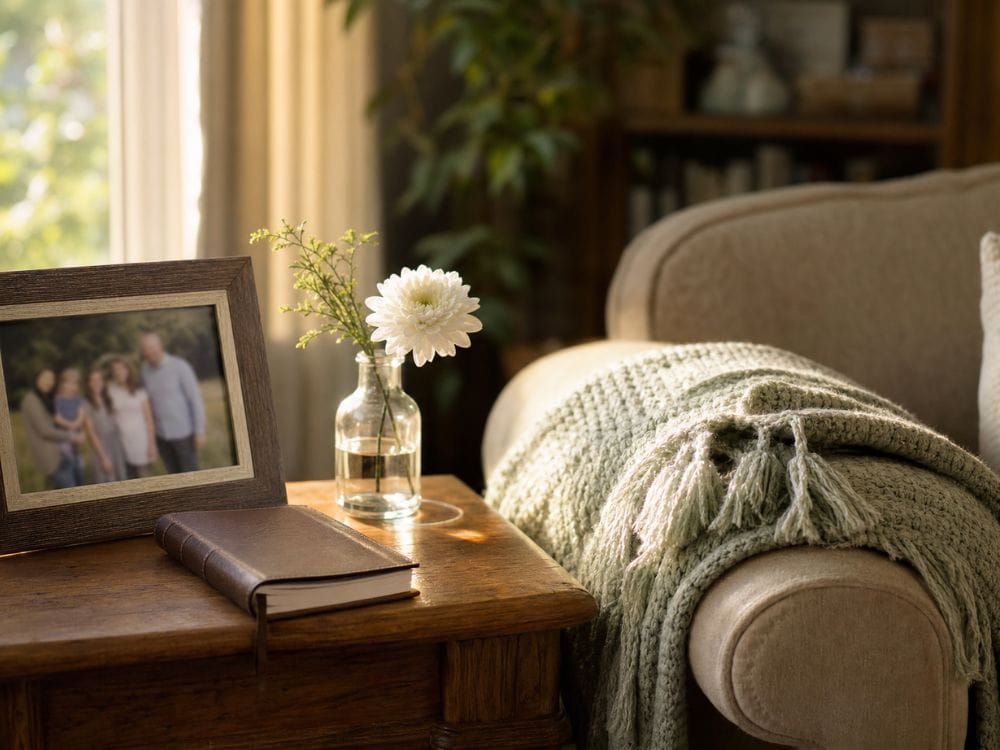 Framed family photo and single flower on a table symbolize remembering loved ones after a loss.

