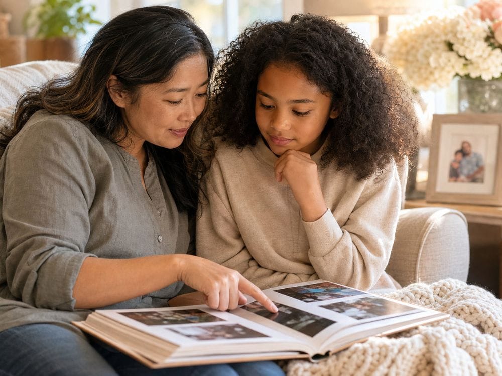 An adult and child sit together on a sofa looking through a family photo album while sharing quiet conversation and reflection. Framed family photographs and soft surroundings create a warm, reassuring atmosphere that illustrates helping children and teens process grief through connection, memories, and open communication.
