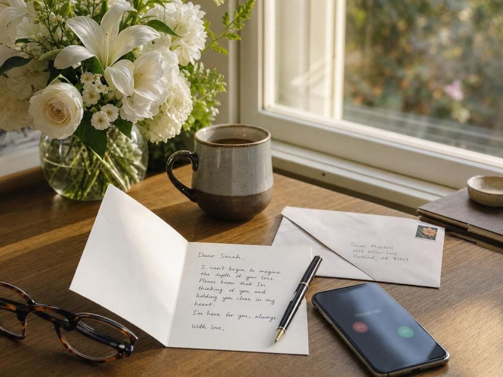 Sympathy card, flowers, and phone on a table representing long-distance support for someone who is grieving.
