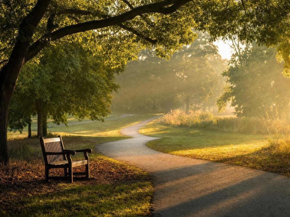  Empty bench beside a winding park path at sunrise, symbolizing quiet reflection and the grief journey after a loss.