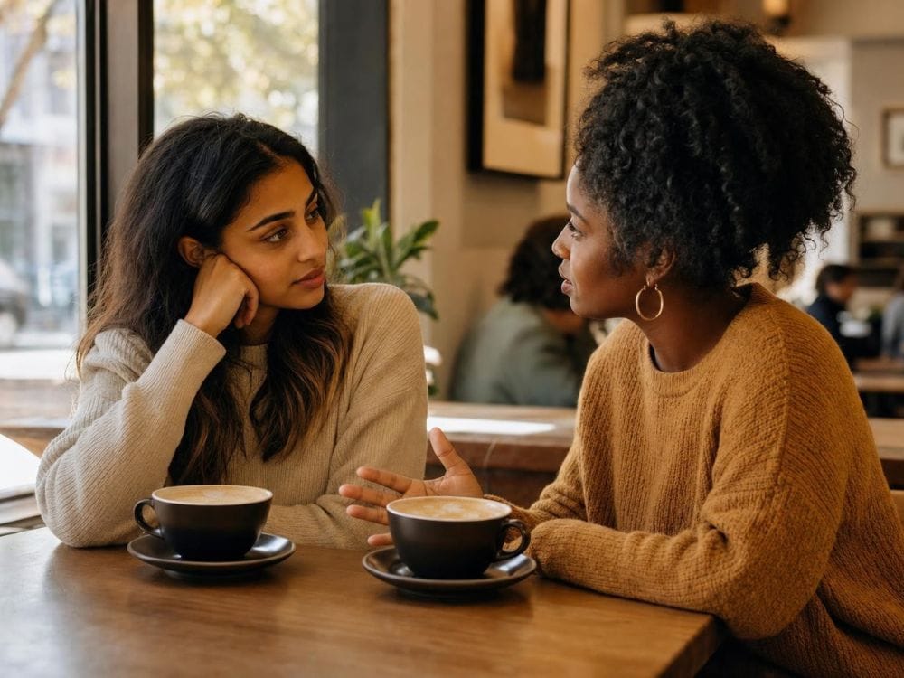  Two friends talk over coffee, showing compassionate conversation with someone who is grieving.
