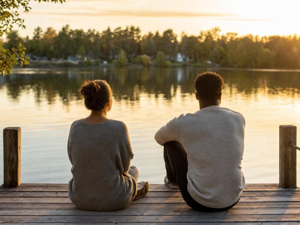  Two people sit quietly on a dock at sunset, showing how presence can comfort someone who is grieving.
