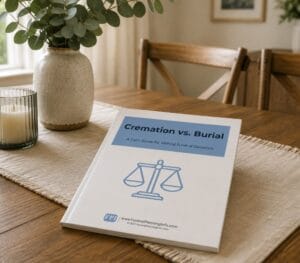 Cremation vs. Burial guide booklet on a dining table beside a candle and vase of greenery.