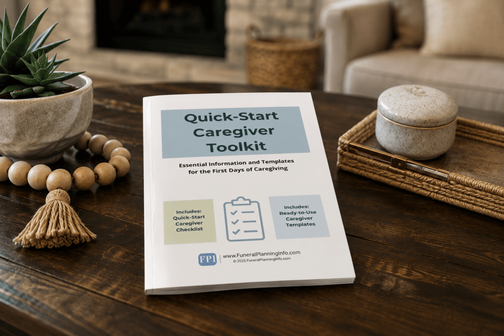 Quick-Start Caregiver Toolkit booklet with caregiver checklist and templates on a coffee table.