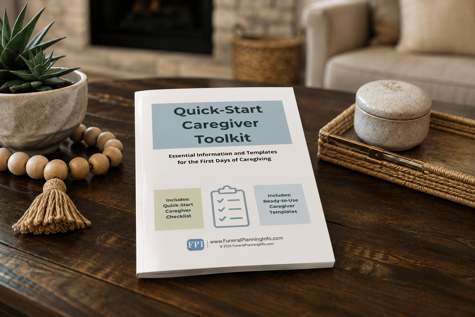 Quick-Start Caregiver Toolkit booklet with caregiver checklist and templates on a coffee table.