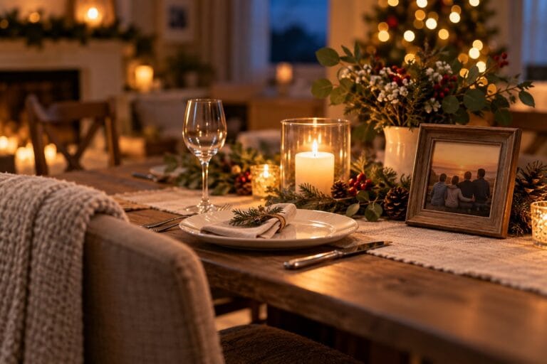 A quiet holiday table with a candle and family photograph representing grief during holidays, anniversaries, and meaningful firsts.