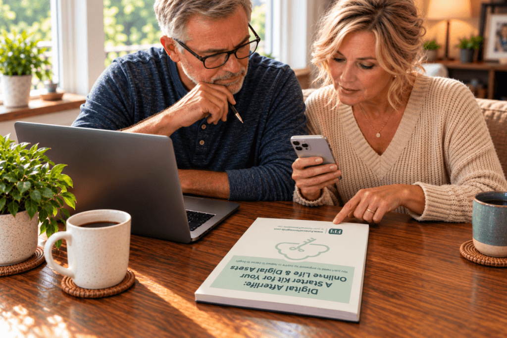 Couple reviewing a digital afterlife planning booklet together at a table.