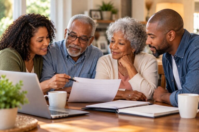Adult children discussing end-of-life planning with their aging parents at home