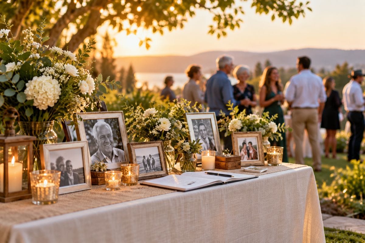 Memorial table with family photos, flowers and candles at an outdoor celebration of life