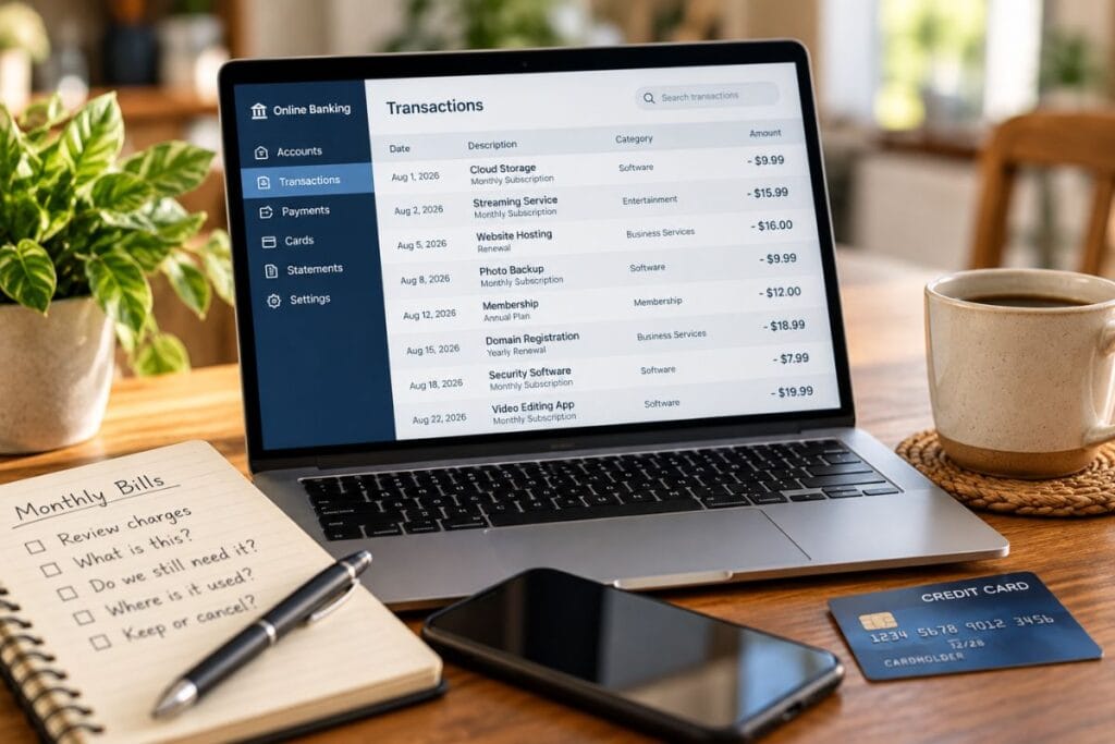 Laptop showing recurring subscription charges including cloud storage, website hosting and online services.