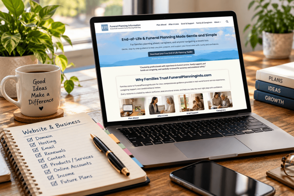 Laptop displaying the Funeral Planning Information website beside a notebook listing domain, hosting, email, renewals and online business accounts.