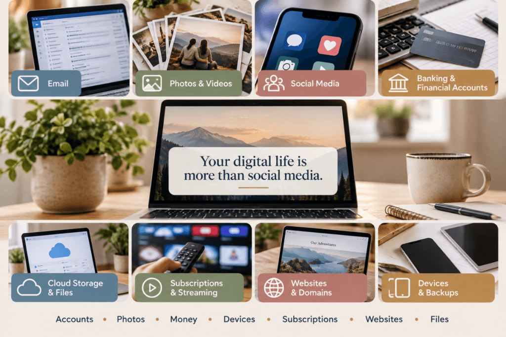 Digital afterlife infographic showing email, photos, social media, financial accounts, cloud storage, subscriptions, websites and devices.