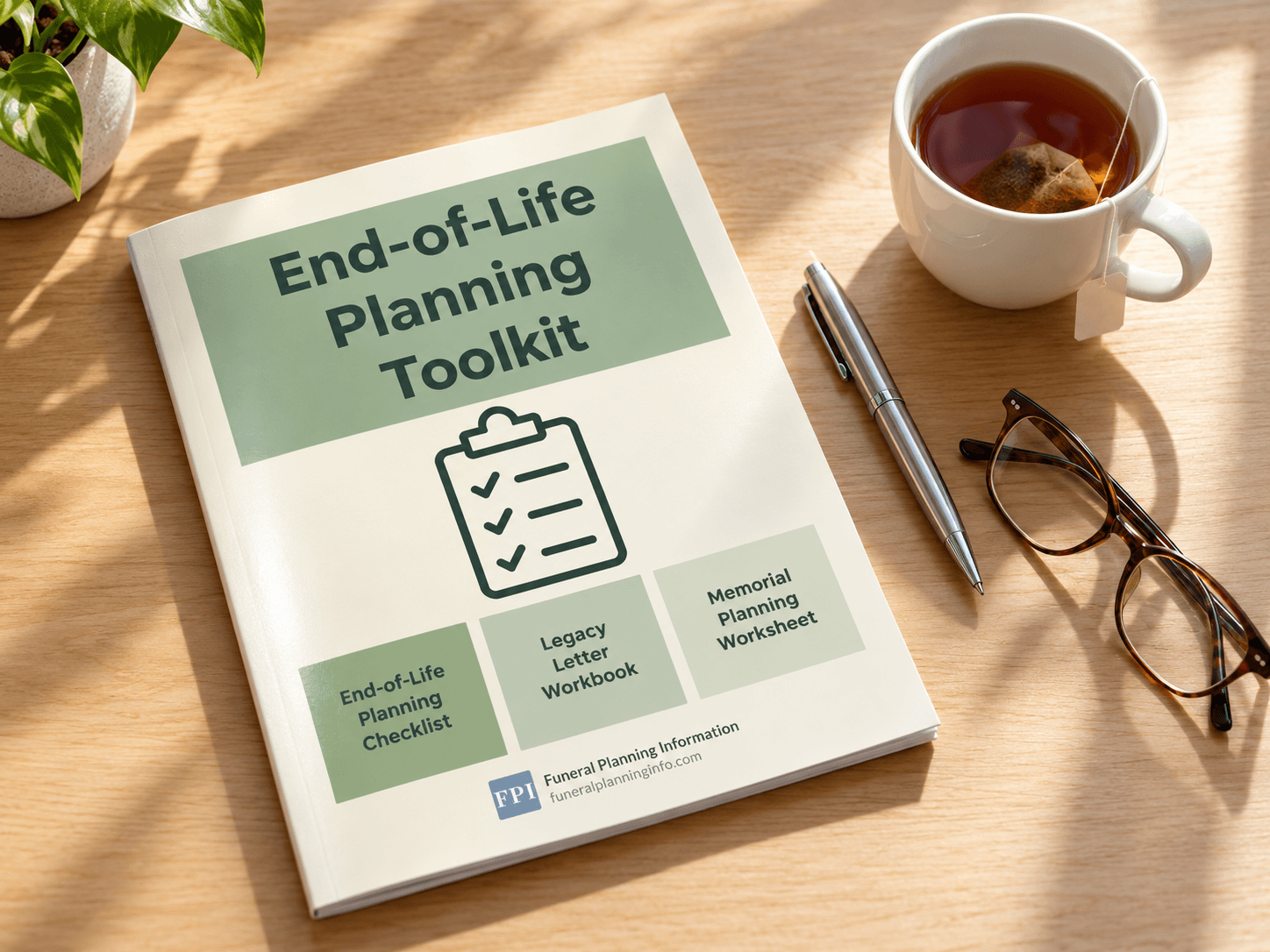 End-of-Life Planning Toolkit workbook on a wooden desk beside tea, a pen, and eyeglasses.
