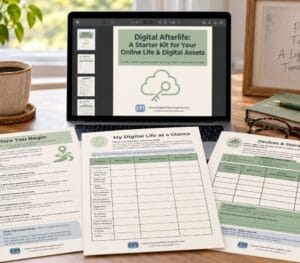 Digital Afterlife Starter Kit displayed on a laptop with printable digital planning worksheets on a desk.