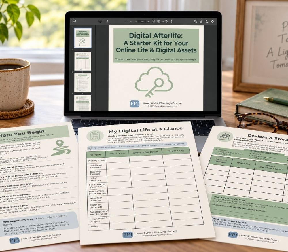 Digital Afterlife Starter Kit displayed on a laptop with printable digital planning worksheets on a desk.